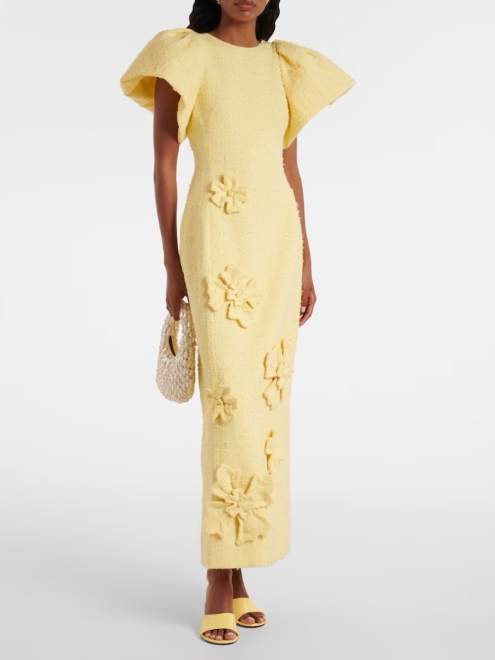 Leo Lin Lucinda Yellow Floral-Appliqué Tweed Puff Sleeve Maxi Dress AU8/US4 NWOT - Picture 2 of 5